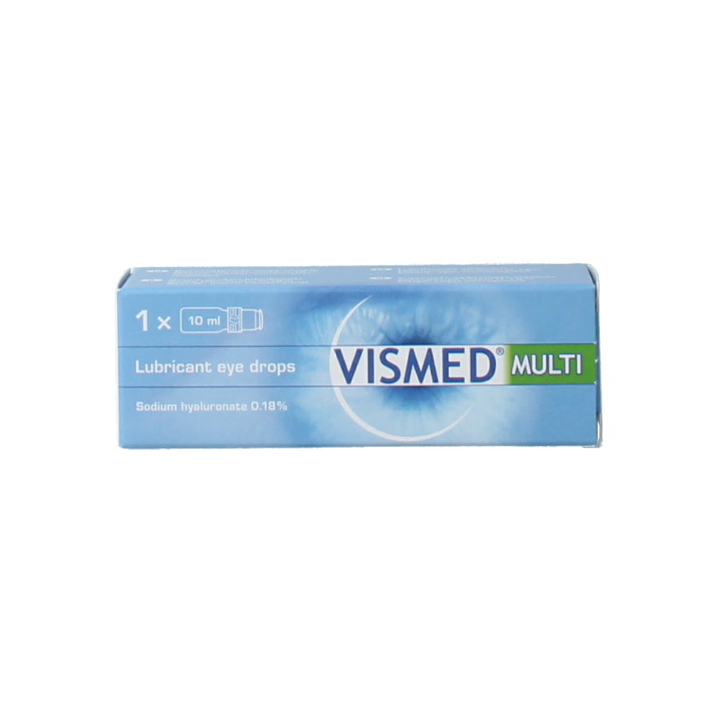 Vismed Oogverzorging oogdruppels multi 0.18% in 10 ml bottle, suitable for eye hydration and care.