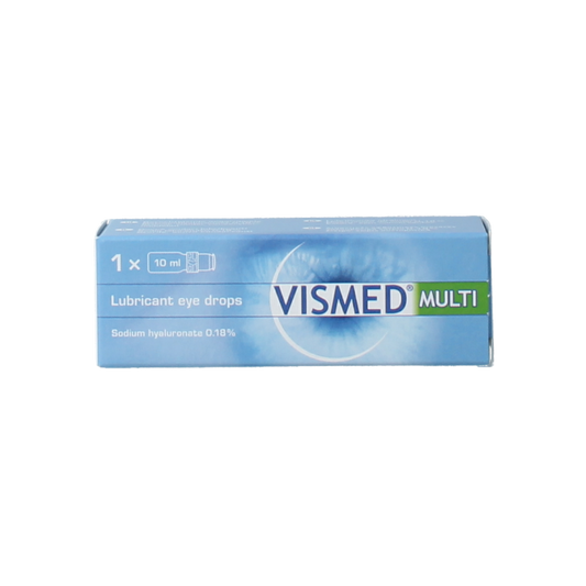 Vismed Oogverzorging oogdruppels multi 0.18% in 10 ml bottle, suitable for eye hydration and care.