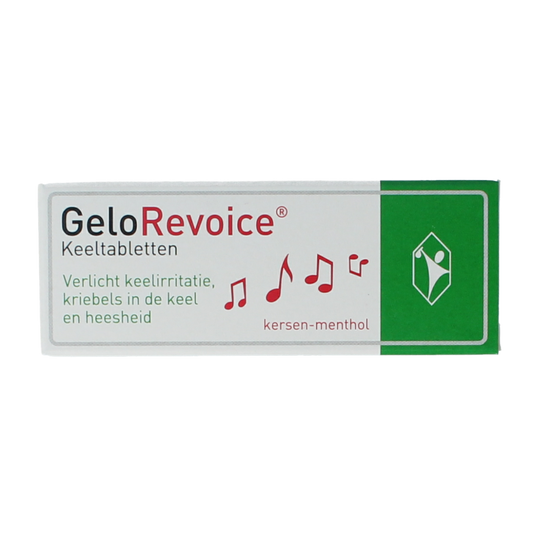 Gelorevoice Kersen Menthol Keeltabletten, 10-count, soothing sore throat relief in a box with cherry and menthol flavor.