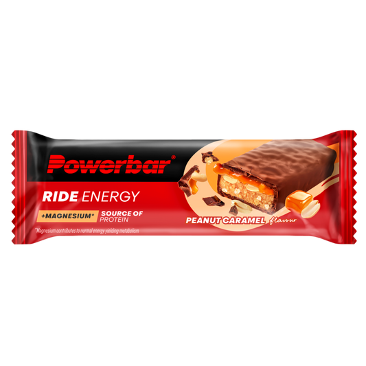 Powerbar Ride peanut caramel energy bar, 55g, showing the snack with peanut and caramel flavor in a sport nutrition package.