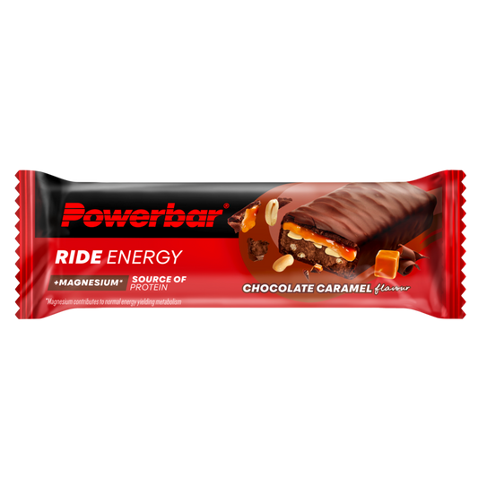 Powerbar Ride energy bar with chocolate and caramel flavor, 55g, ideal for sports nutrition and active lifestyles.