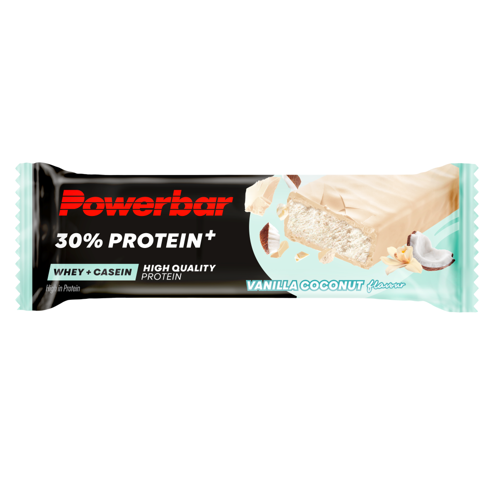 Powerbar Protein+ vanilla coconut sport nutrition bar, 55g, showing the wrapper and nutritional label on the package.