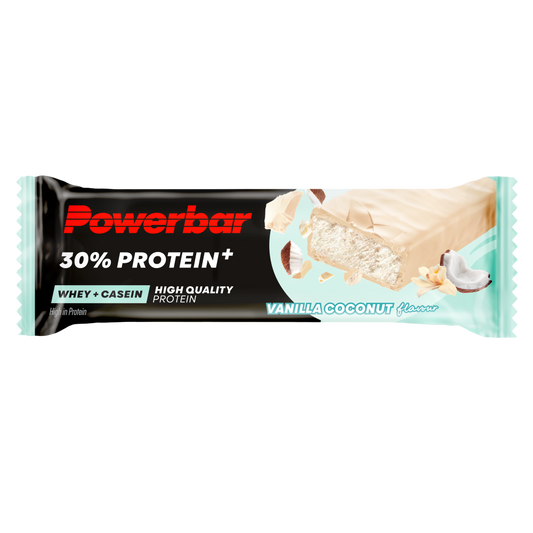 Powerbar Protein+ vanilla coconut sport nutrition bar, 55g, showing the wrapper and nutritional label on the package.