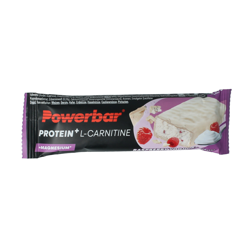 Powerbar Protein + L-carnitine snack bar with raspberry yoghurt flavor, 35 grams, showing the bar's packaging and raspberry design.