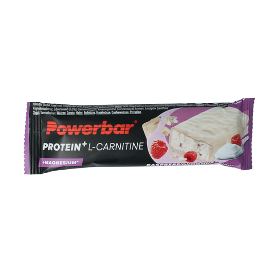 Powerbar Protein + L-carnitine snack bar with raspberry yoghurt flavor, 35 grams, showing the bar's packaging and raspberry design.