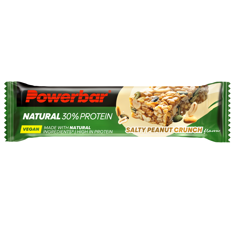 Powerbar Natural 30% protein salty peanut crunch protein bar, 40g, with crunchy peanut coating and nutrition information visible.