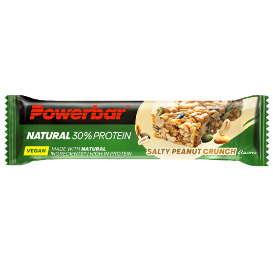 Powerbar Natural 30% protein salty peanut crunch protein bar, 40g, with crunchy peanut coating and nutrition information visible.