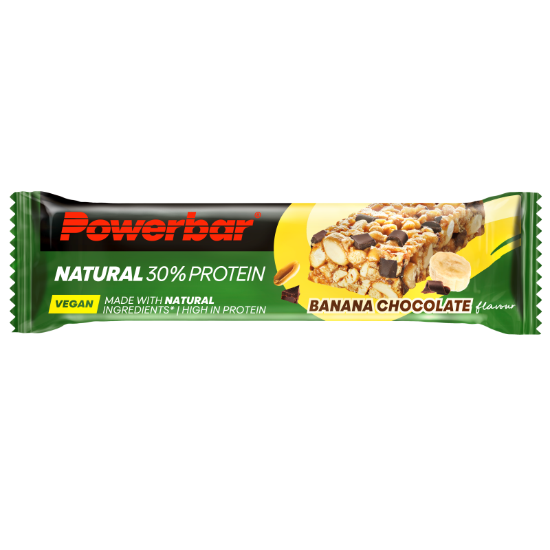 Powerbar Natural banana chocolate protein bar, 40g with natural ingredients, ideal for sports nutrition and active lifestyles.