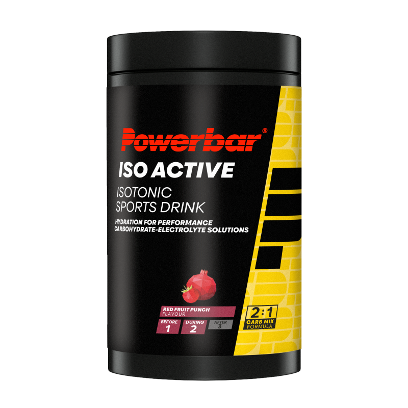 Powerbar Isoactive sports nutrition powder in red fruit punch flavor, 600 grams, with a container and scoop visible.