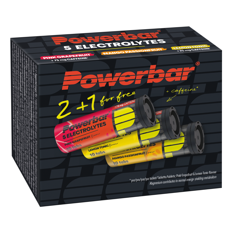 Powerbar electrolyte tabs sport nutrition promo pack with 2+1 units, showing the colorful electrolyte tablets in a blister pack.