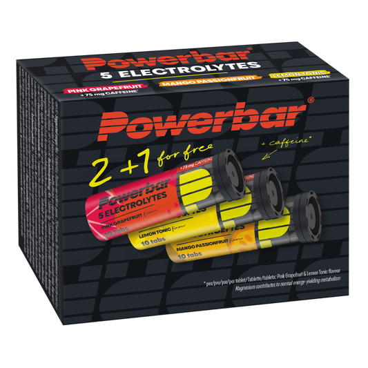 Powerbar electrolyte tabs sport nutrition promo pack with 2+1 units, showing the colorful electrolyte tablets in a blister pack.