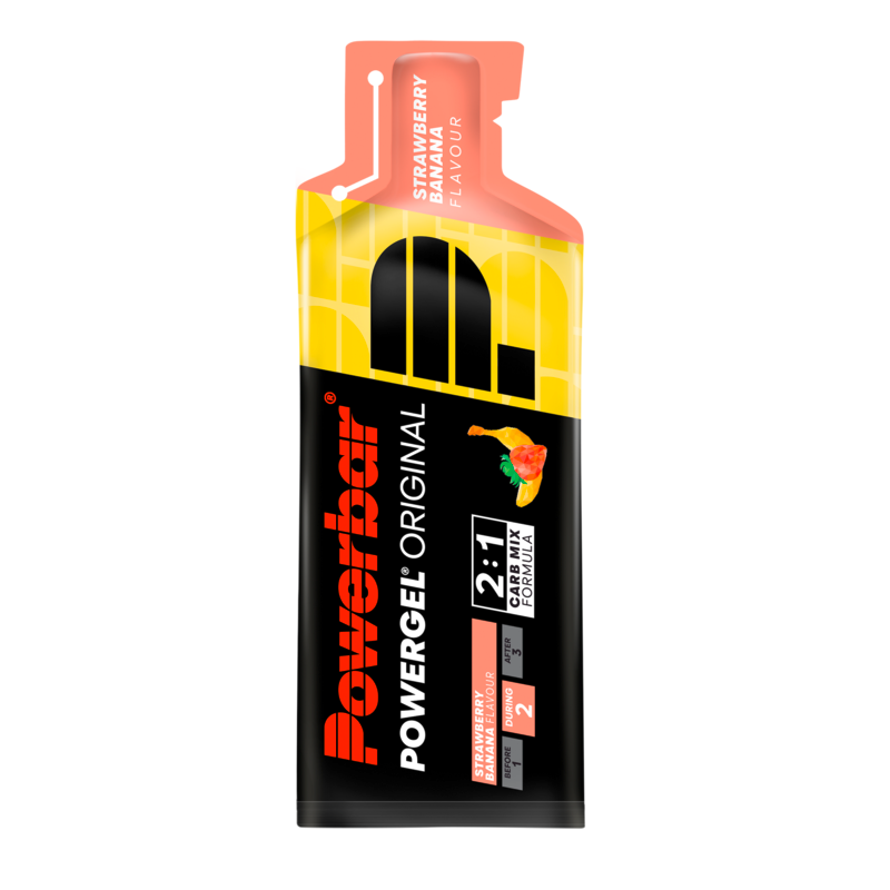 Powerbar Powergel strawberry banana flavor, 41g sports nutrition gel with strawberry and banana ingredients.