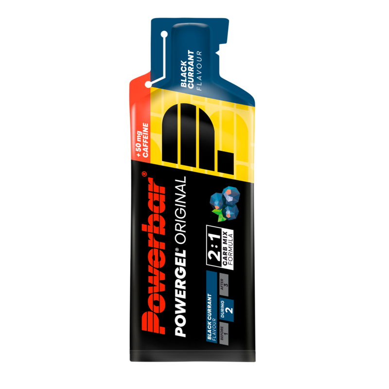 Powerbar Powergel black currant flavored sport nutrition gel with caffeine, 41 grams, in a small, easy-to-carry packet.
