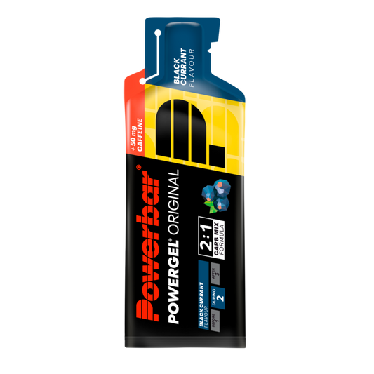 Powerbar Powergel black currant flavored sport nutrition gel with caffeine, 41 grams, in a small, easy-to-carry packet.