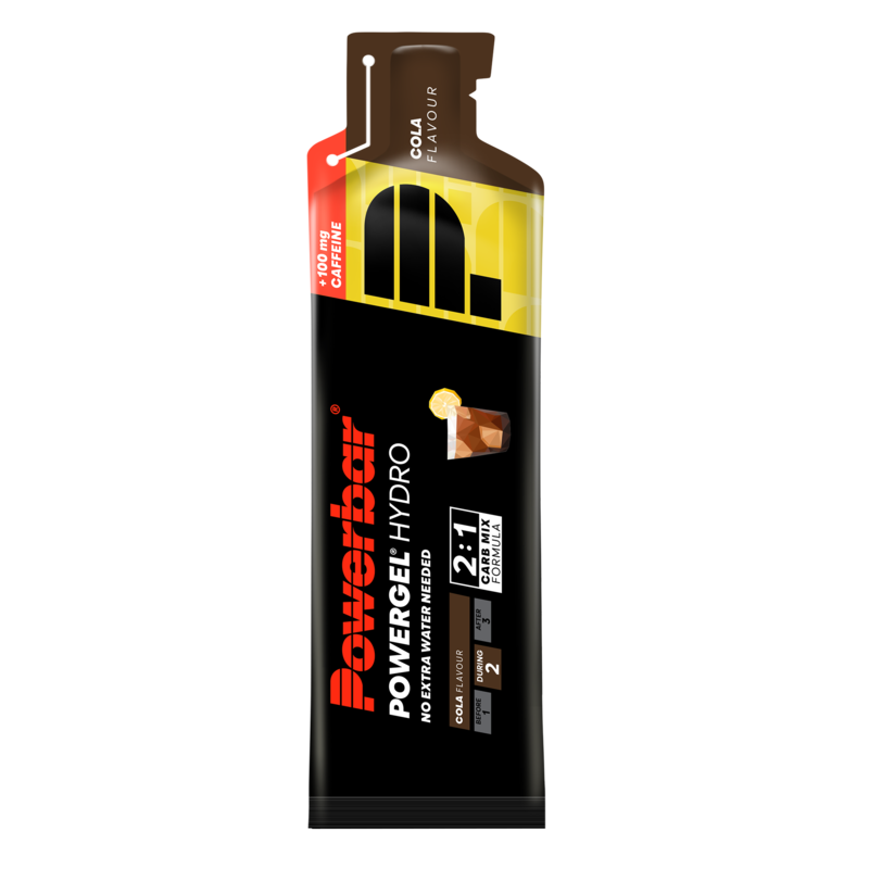 Powerbar Hydrogel cola flavor, 67ml energy gel for sports nutrition, with a close-up of the gel packet.