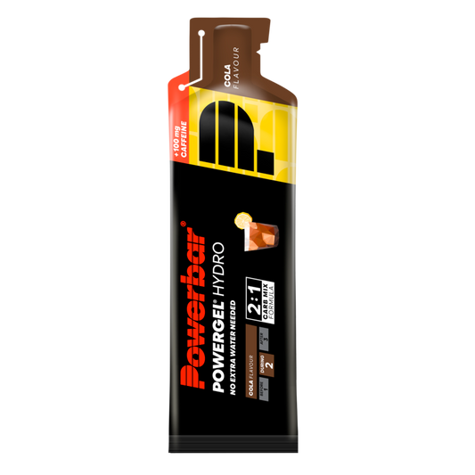 Powerbar Hydrogel cola flavor, 67ml energy gel for sports nutrition, with a close-up of the gel packet.