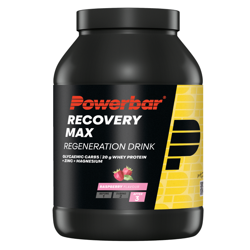 Powerbar Recovery Max raspberry sportvoeding supplement in a 1144g container, ideal for post-workout recovery.