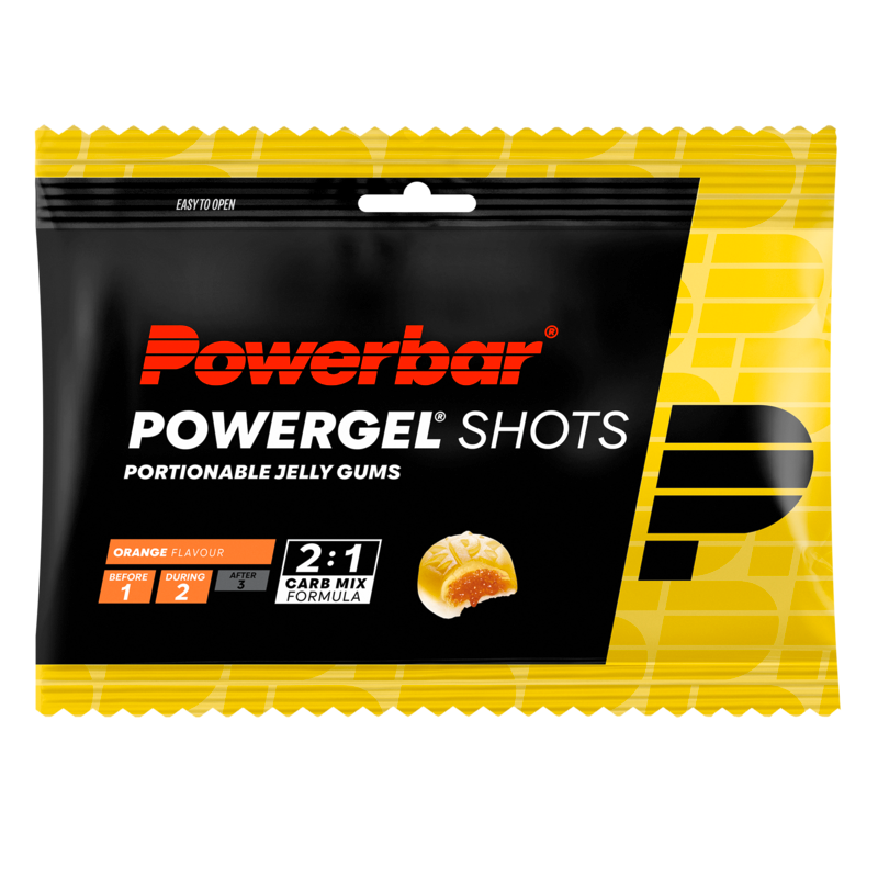 Powerbar Powergel Shots Orange sports nutrition gel in 60g packet showing the orange gel and packaging.
