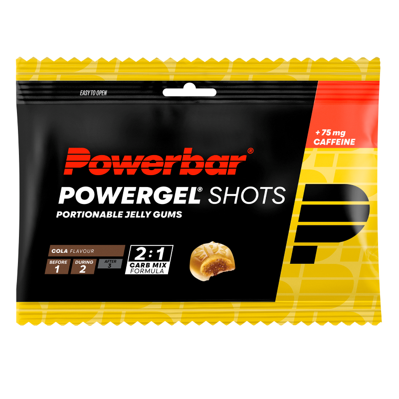 Powerbar Powergel shots cola flavor, 60g sports nutrition gel packet for quick energy boost during exercise.