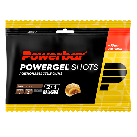 Powerbar Powergel shots cola flavor, 60g sports nutrition gel packet for quick energy boost during exercise.