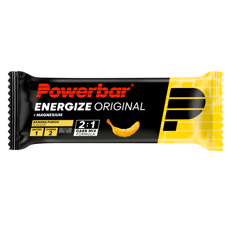 Powerbar Energize banana punch flavored sports nutrition bar, 55g, with a close-up of the bar's packaging and texture.