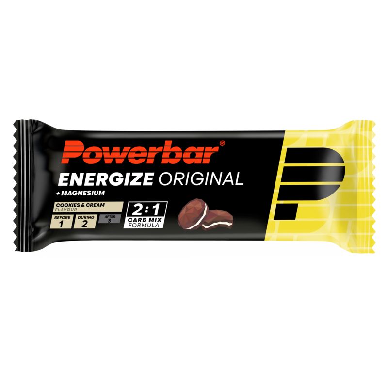 Powerbar Energize Cookies & Cream sport nutrition bar, 55g, with chocolate cookie flavor and energy-boosting ingredients.