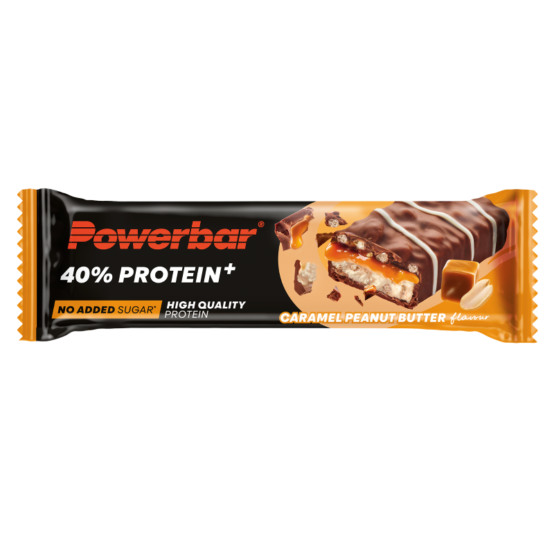 Powerbar Protein+ crispy caramel and peanut energy bar, 40 grams, ideal sportvoeding snack with protein and crunchy texture.