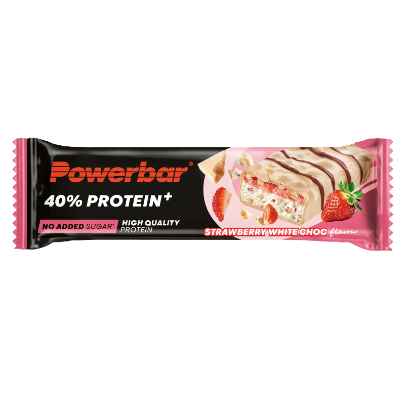 Powerbar Protein+ bar with crisp strawberry and white chocolate, 40g, a nutritious sportvoeding snack with fruity and chocolate flavors.