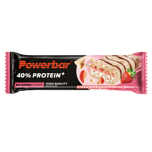 Powerbar Protein+ bar with crisp strawberry and white chocolate, 40g, a nutritious sportvoeding snack with fruity and chocolate flavors.