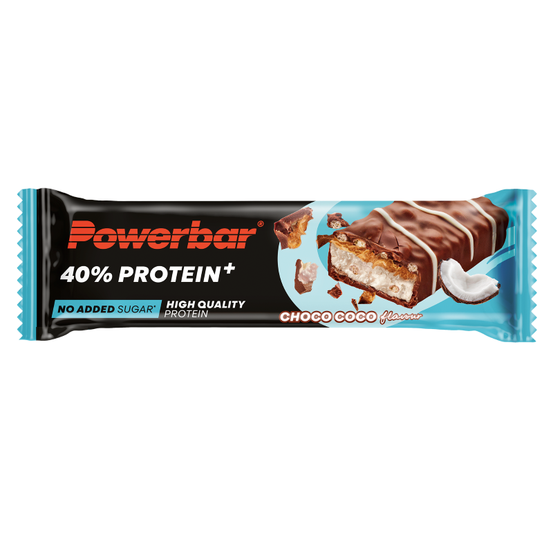 Powerbar Protein+ crisp choco coco energy bar with chocolate and coconut flavor, 40 grams, for sports nutrition.