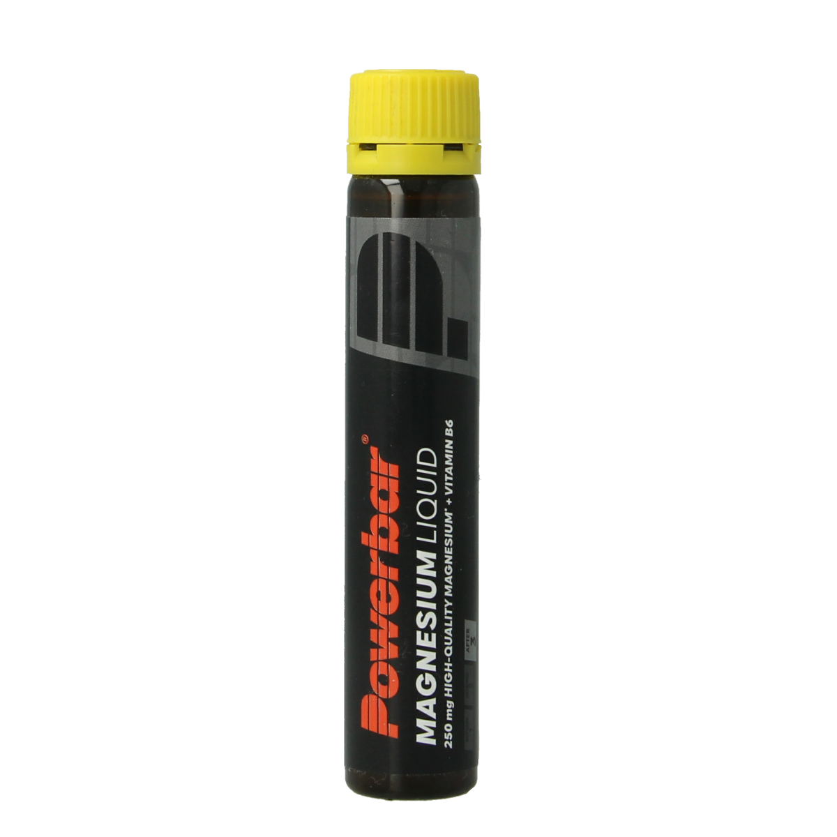 Powerbar Magnesium Liquid in lemon flavor, 25ml sports nutrition supplement bottle with clear label and yellow cap.