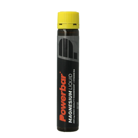 Powerbar Magnesium Liquid in lemon flavor, 25ml sports nutrition supplement bottle with clear label and yellow cap.