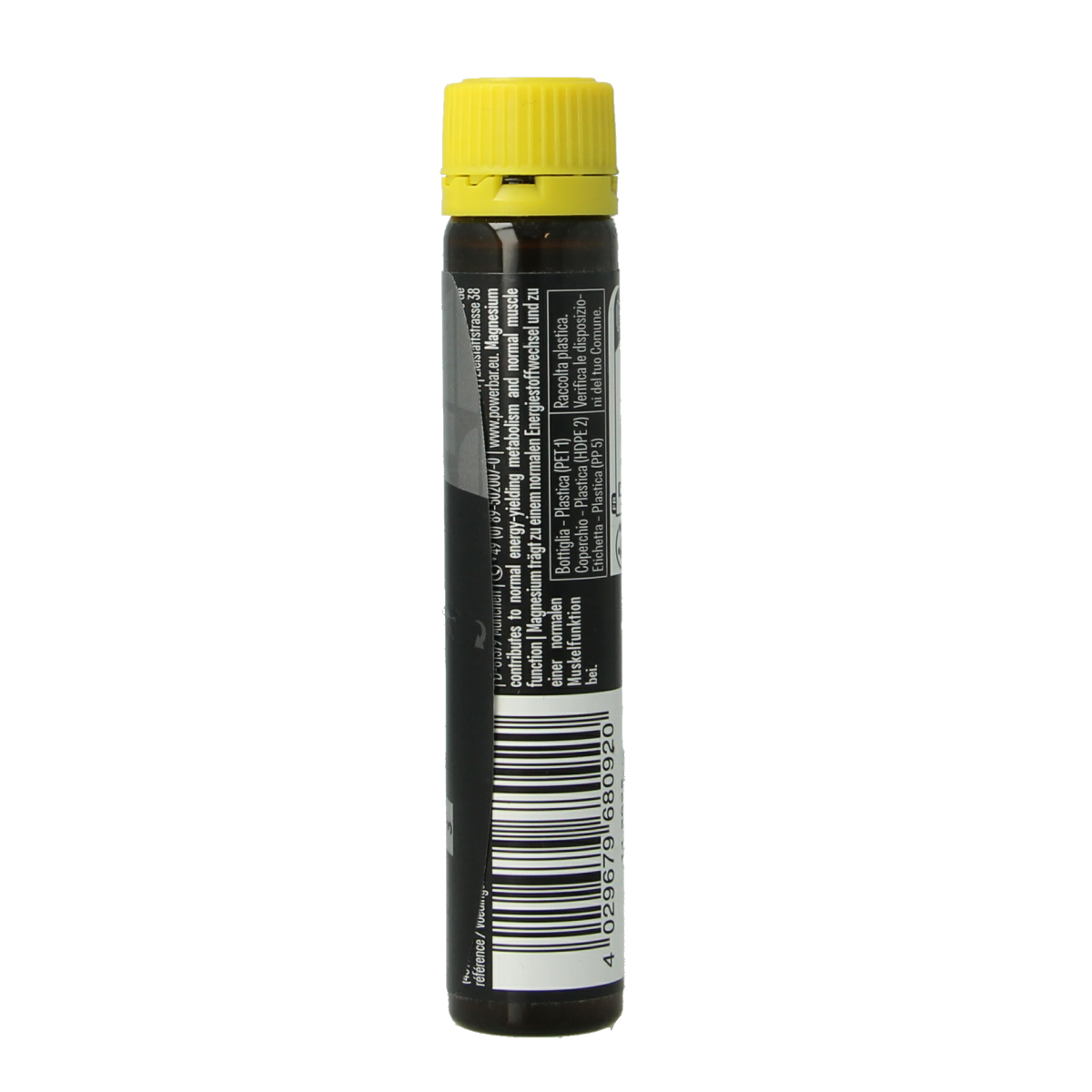 Powerbar Magnesium Liquid Lemon 25ml sports supplement bottle with lemon flavor, designed for athletic performance and hydration.
