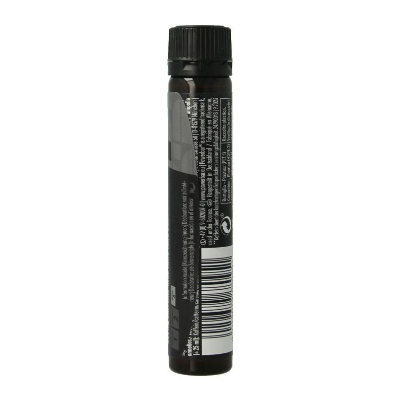 Powerbar Caffeine Boost 25ml energy shot for sports nutrition, featuring a small bottle with a clear label and blue cap.