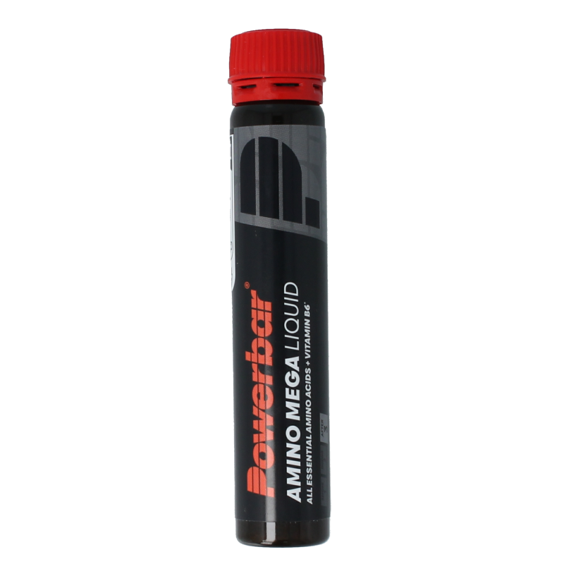 Powerbar Amino Mega liquid amino acids in a 25ml bottle, clear liquid supplement for muscle recovery and performance.