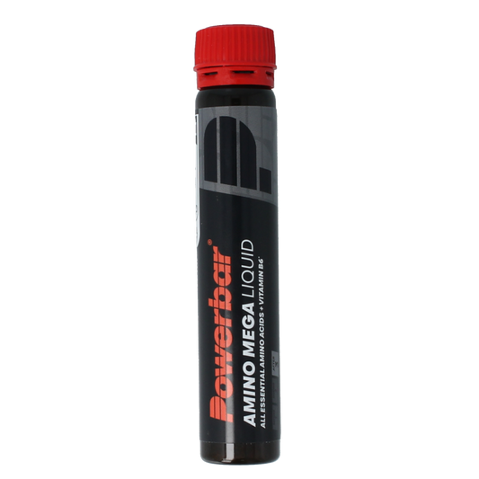Powerbar Amino Mega liquid amino acids in a 25ml bottle, clear liquid supplement for muscle recovery and performance.