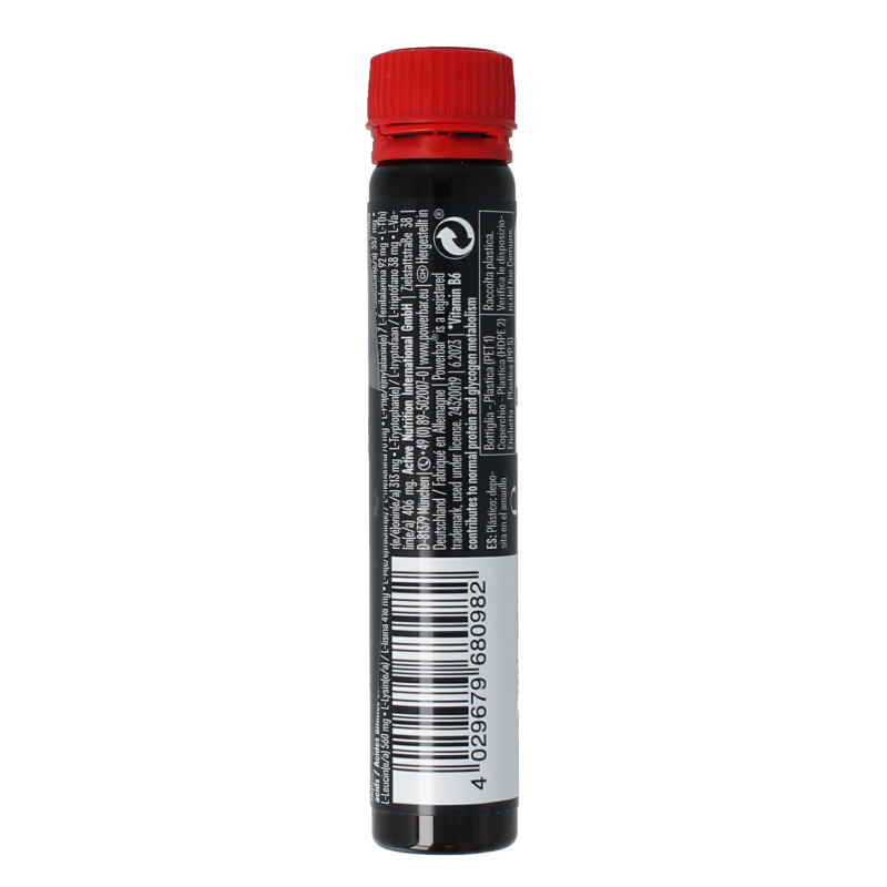 Powerbar Amino Mega liquid amino acids in a 25ml bottle, dietary supplement for muscle recovery and hydration.