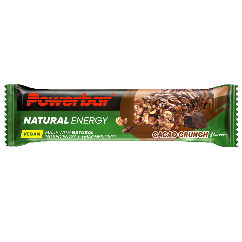 Powerbar Natural Energy Bar Cacao Crunch 40g, a sport nutrition snack with chocolate flavor and crunchy texture.