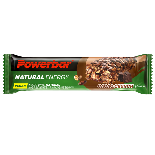 Powerbar Natural Energy Bar Cacao Crunch 40g, a sport nutrition snack with chocolate flavor and crunchy texture.