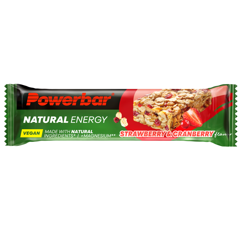 Powerbar Natural energy bar with strawberry and cranberry, 40g, sport nutrition snack with fruit flavors and nutritious ingredients.