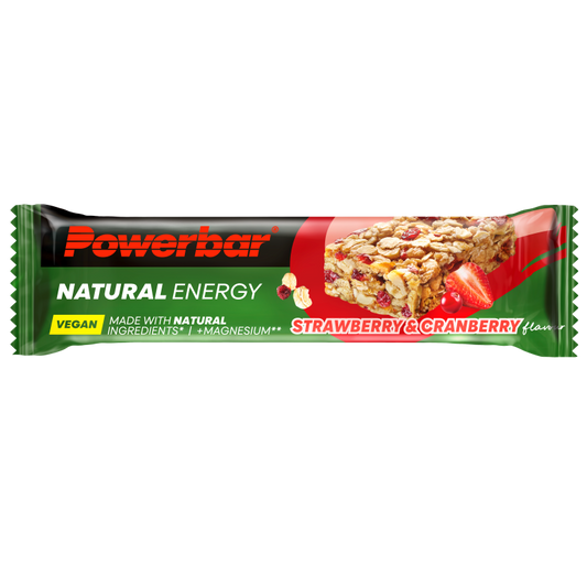 Powerbar Natural energy bar with strawberry and cranberry, 40g, sport nutrition snack with fruit flavors and nutritious ingredients.
