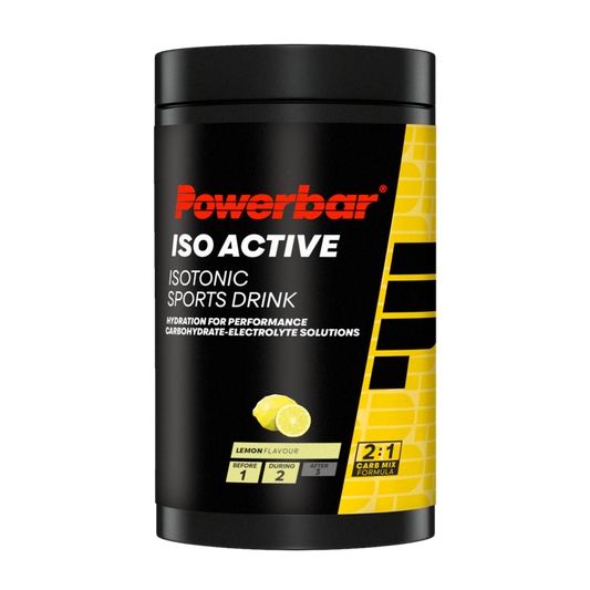 Powerbar Isoactive lemon sports nutrition powder in a 600g container, with lemon flavor and scoop for hydration and energy.