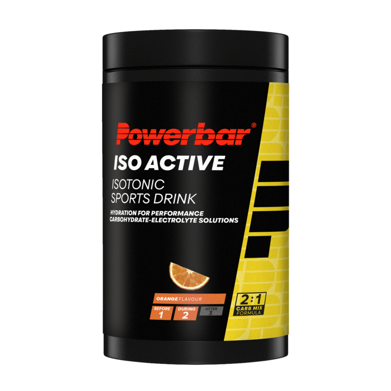 Powerbar Isoactive orange sport nutrition powder in a 600g container, designed for hydration and energy during physical activity.