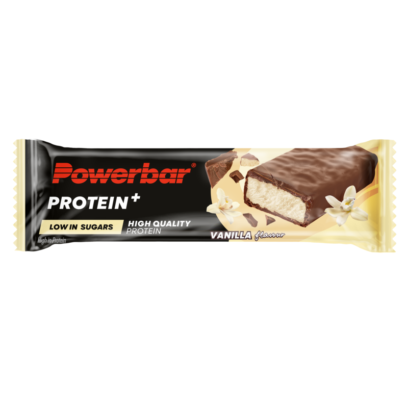 Powerbar Protein+ low sugar vanilla protein bar, 35g, sports nutrition snack with high protein and low sugar content.