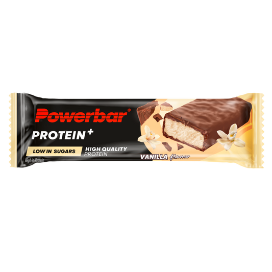 Powerbar Protein+ low sugar vanilla protein bar, 35g, sports nutrition snack with high protein and low sugar content.