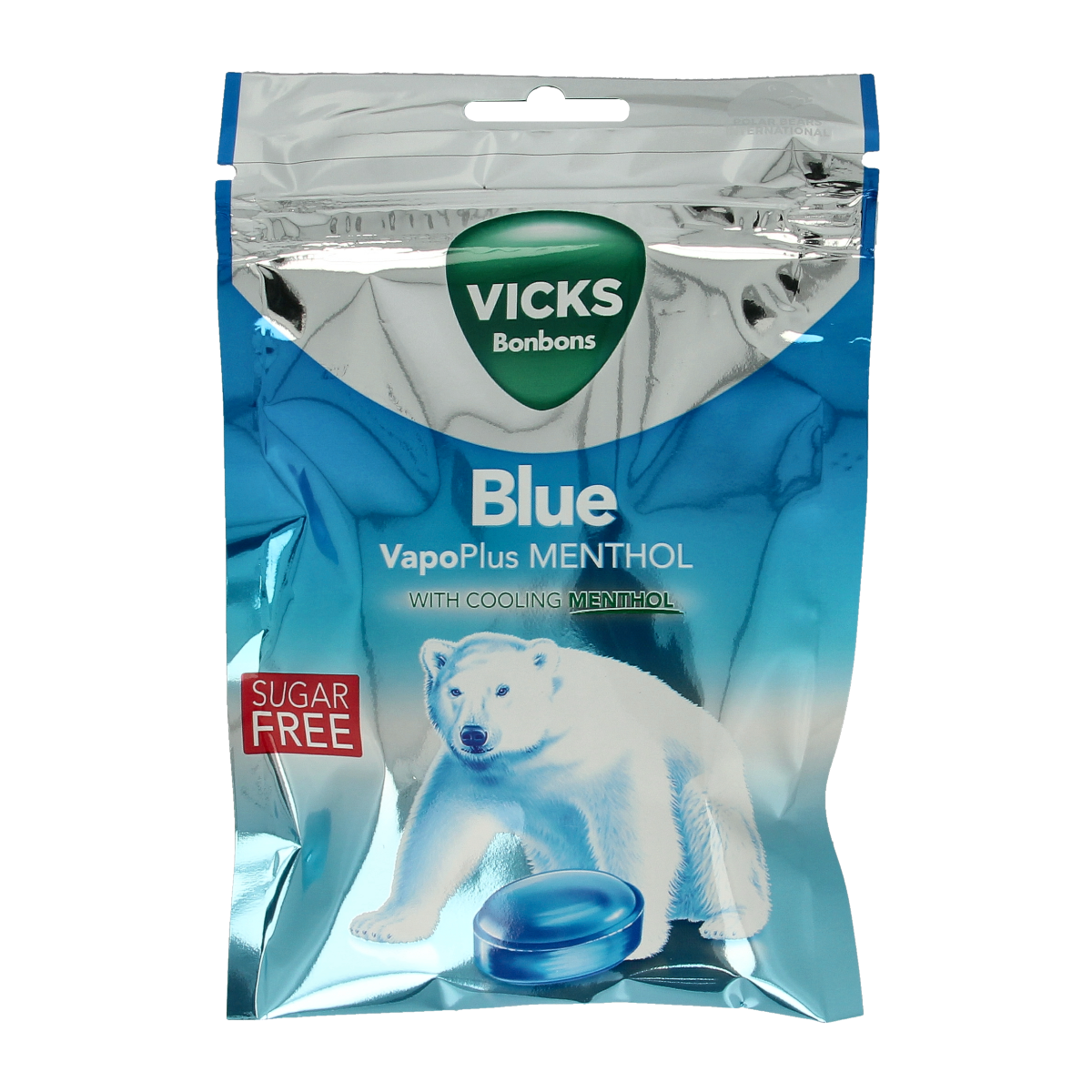 Vicks Blue menthol sugar-free chewing gum bag with 72g, featuring blue packaging and individual gum pieces inside.
