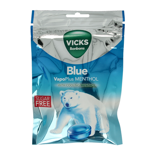Vicks Blue menthol sugar-free chewing gum bag with 72g, featuring blue packaging and individual gum pieces inside.
