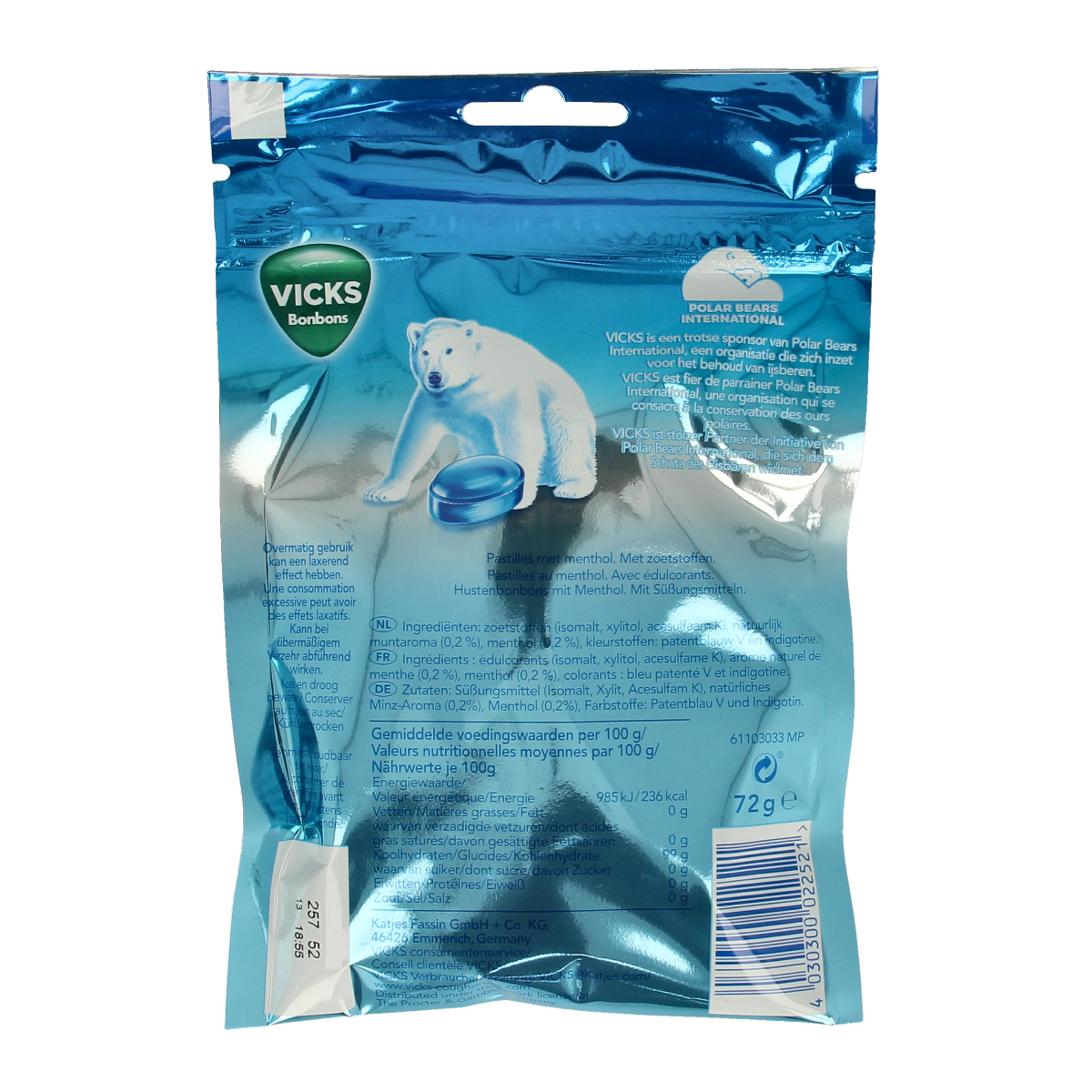 Vicks Blue menthol sugar-free candy bag, 72 grams, showing the colorful mint-flavored lozenges in a clear bag.