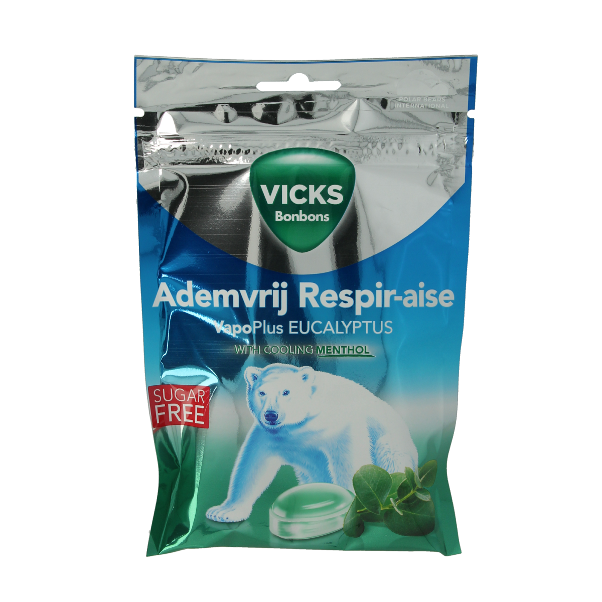 Vicks Ademvrij eucalyptus sugar-free lozenge bag, 72 grams, with images of eucalyptus candies from the Vicks brand.