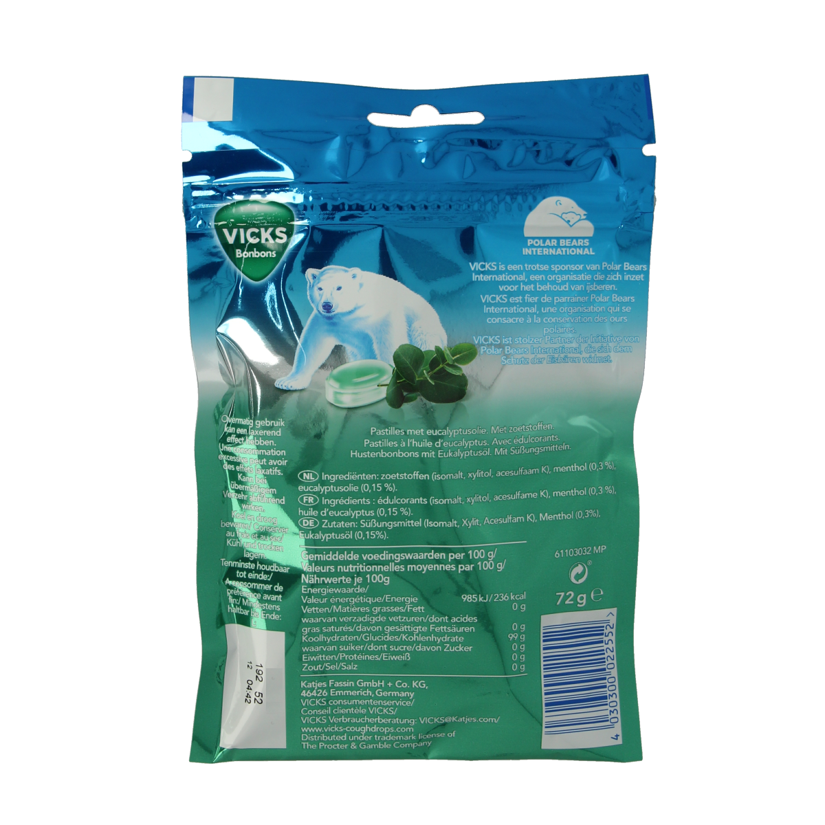 Vicks Ademvrij eucalyptus sugar-free bag of 72g with colorful candy pieces in resealable packaging